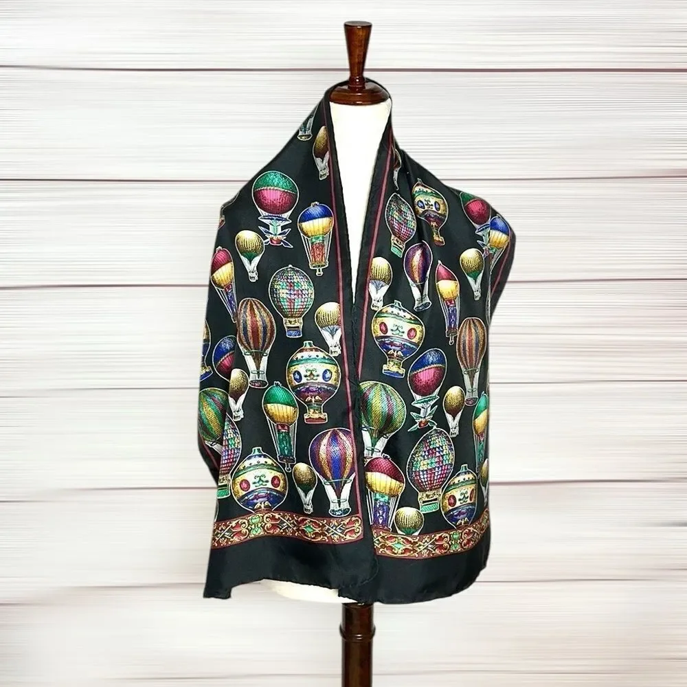 Hot Air Balloons Silk Scarf Black Rectangle 13.5x57” Hand Rolled made in Korea